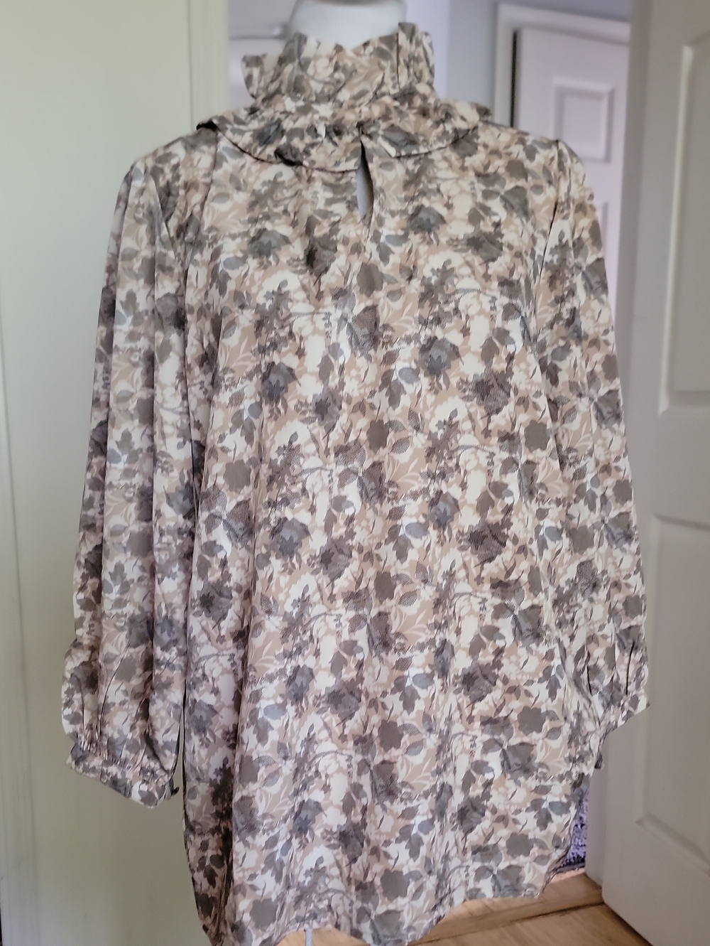 First Love  Floral Ruffle-Neck Blouse - Cream & Taupe
